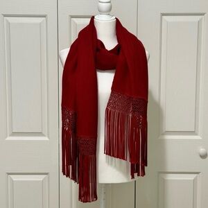 Artesanias Warmi Ajayu Alpaca Wool Rayon Red Shawl Wrap Scarf Crochet Fringe